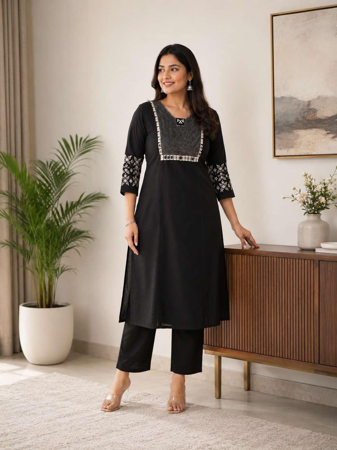Women's Cotton Embroidery Straight Kurti With Pant Set