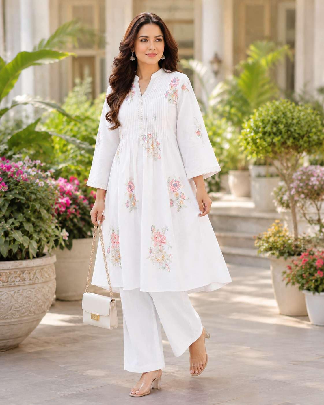 Women's Cotton Embroidery A-Line Kurti With Pant Set