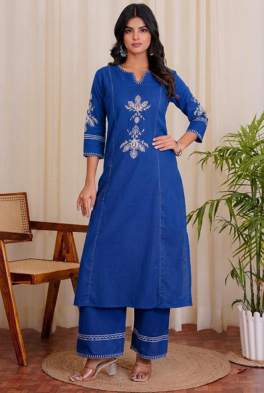 Women's Cotton Embroidered Straight kurti With relaxed fit Pant