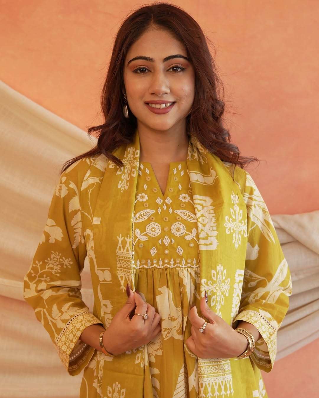 Women's Cotton Printed Anarkali Kurti with Pant and Dupatta Set