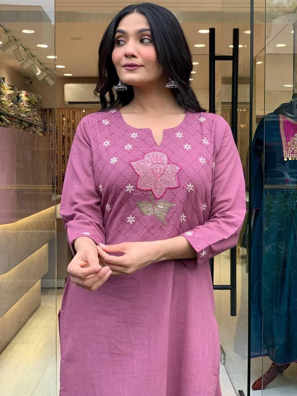 Women's Cotton Floral Printed Straight Kurti With Pant and Dupatta Set (Purple)
