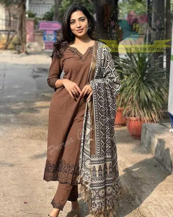 Women Pure Cotton Embroidery Straight Kurti with Pant & Dupatta Set (Brown)