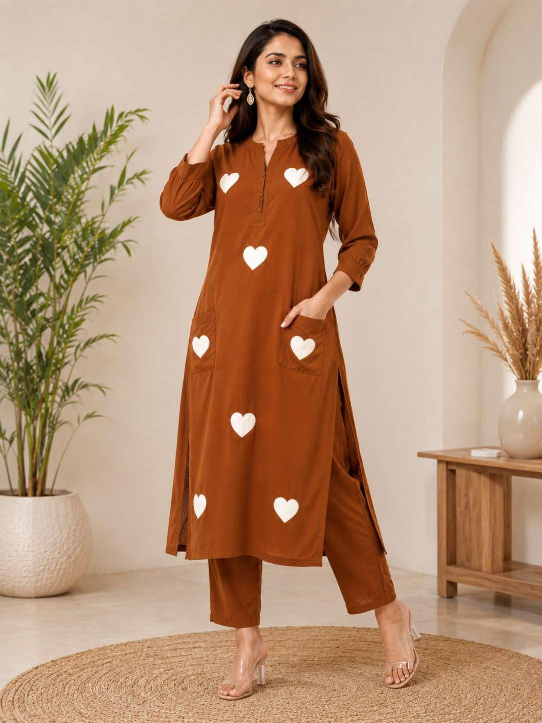 Women's Cotton Embroidered Straight Kurti With Pant Set