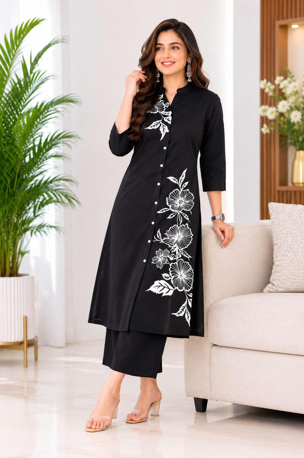 Women's Cotton Floral Printed Straight Kurti With Pant Set