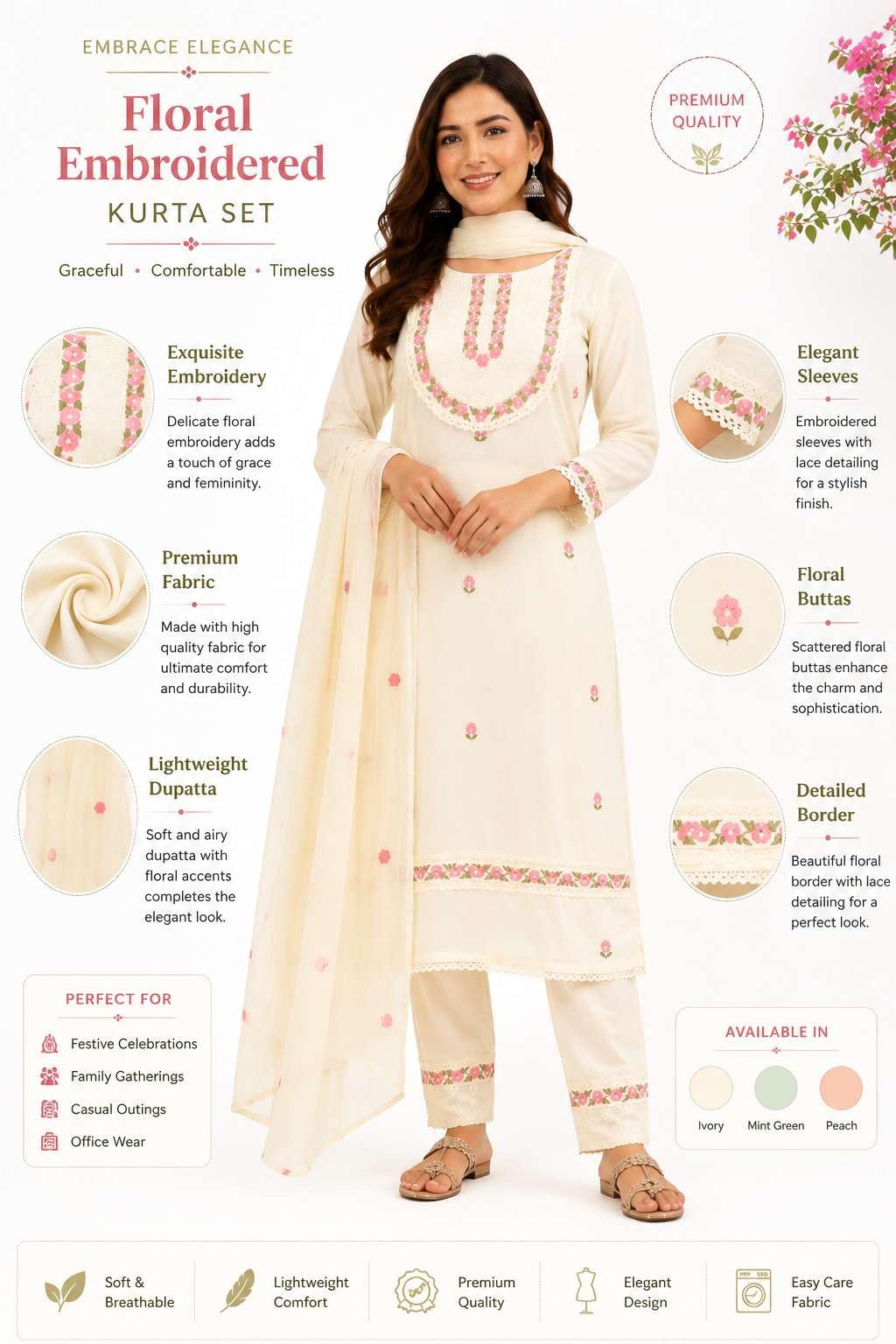 Women's Cotton Embroidery Straight Kurti With Pant Set