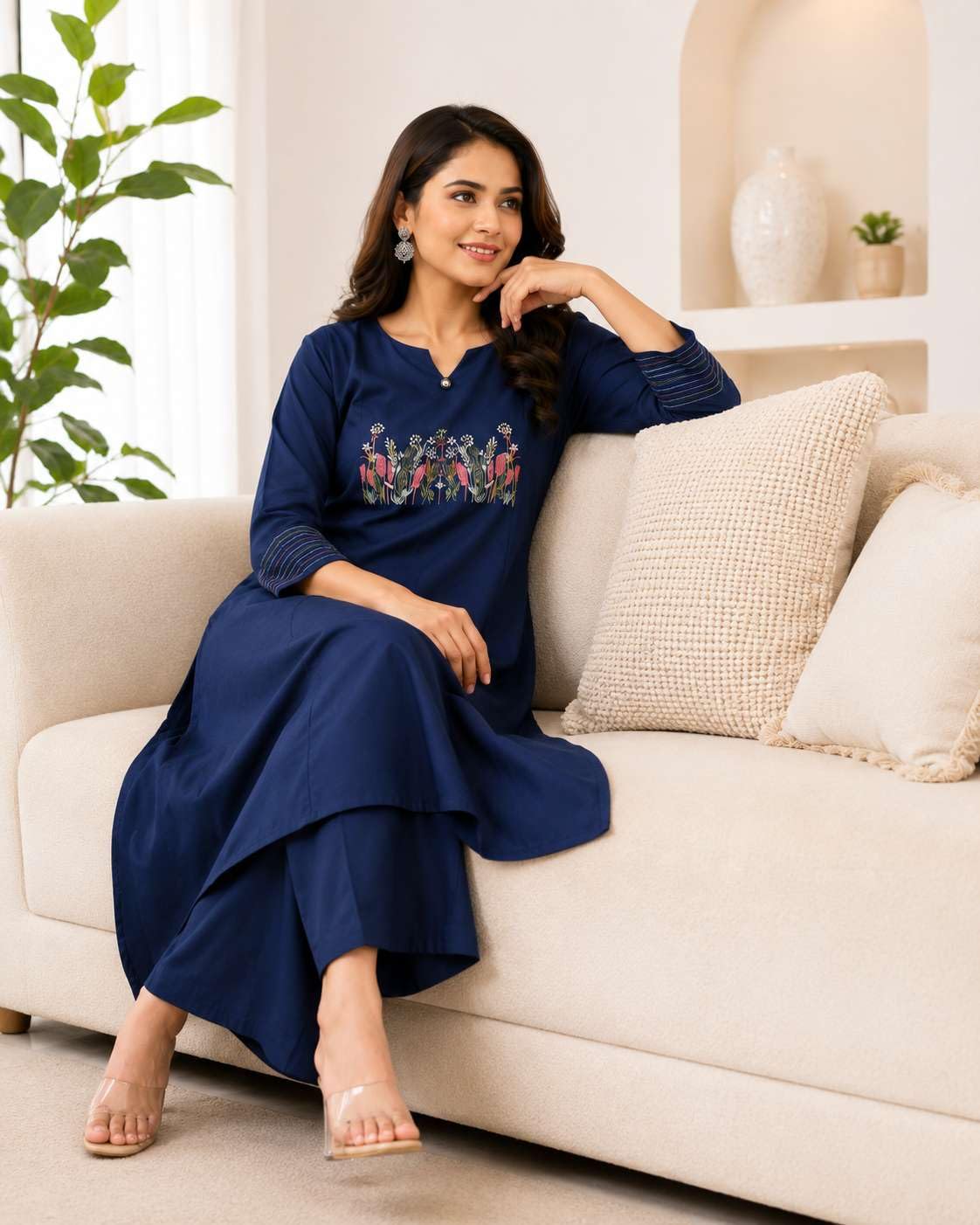 Women's Cotton Embroidered Straight Kurti With Pant Set