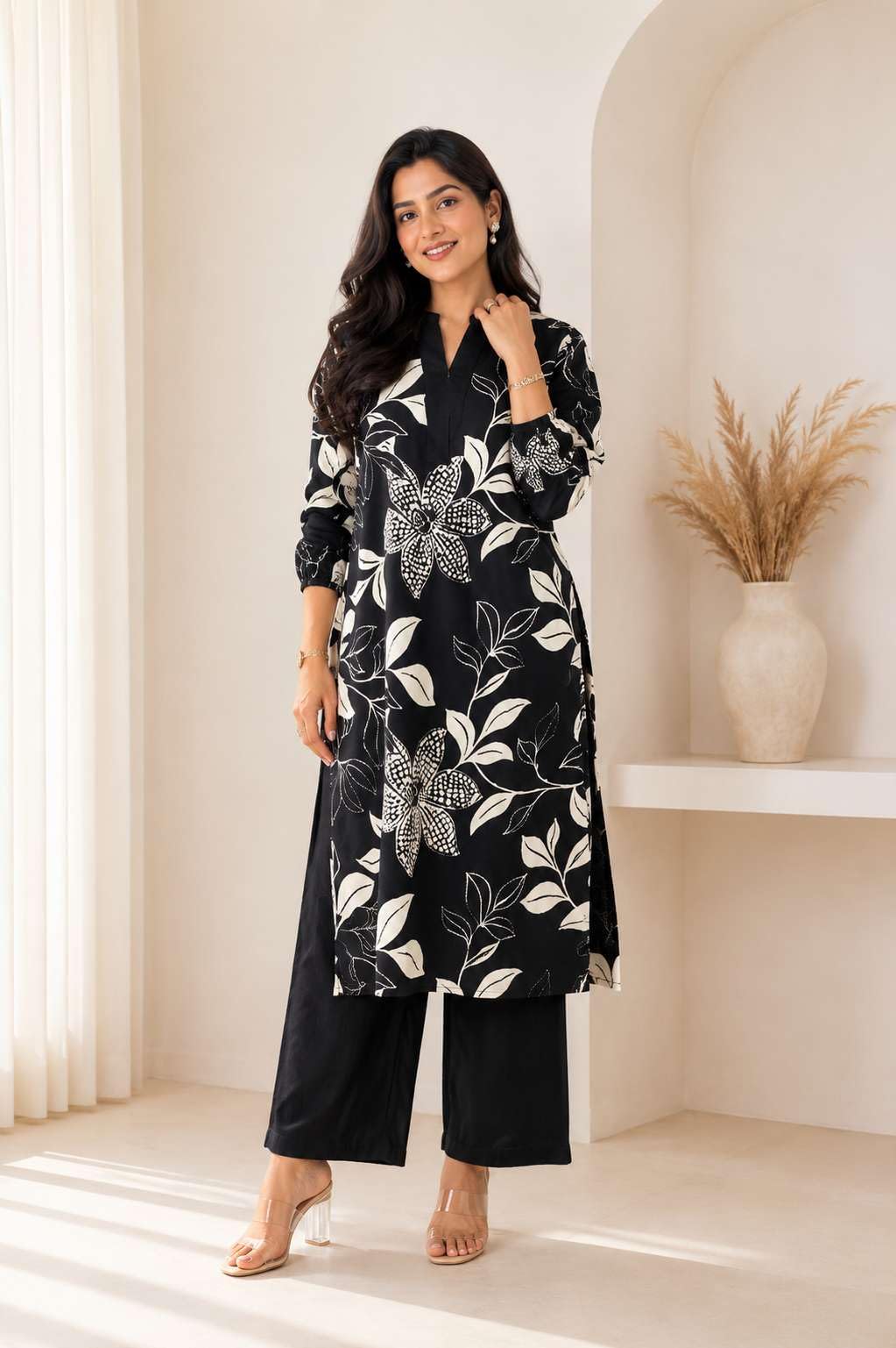 Women's Cotton Floral Printed Straight Kurti With Pant Set