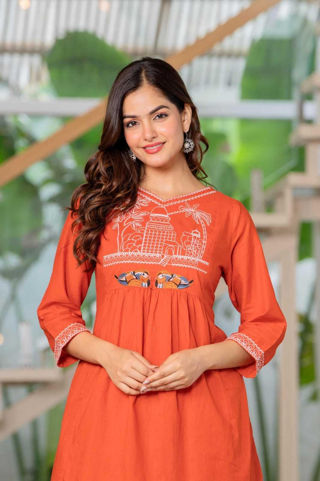 Women's Cotton Embroidered Short Anarkali Kurti With Pant (Orange)