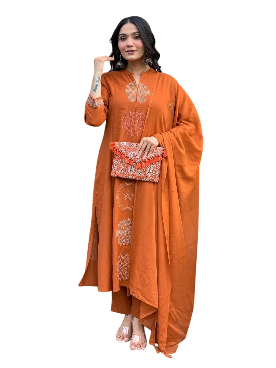 Women's Cotton Embroidered Straight Kurti With Pant And Dupatta Set