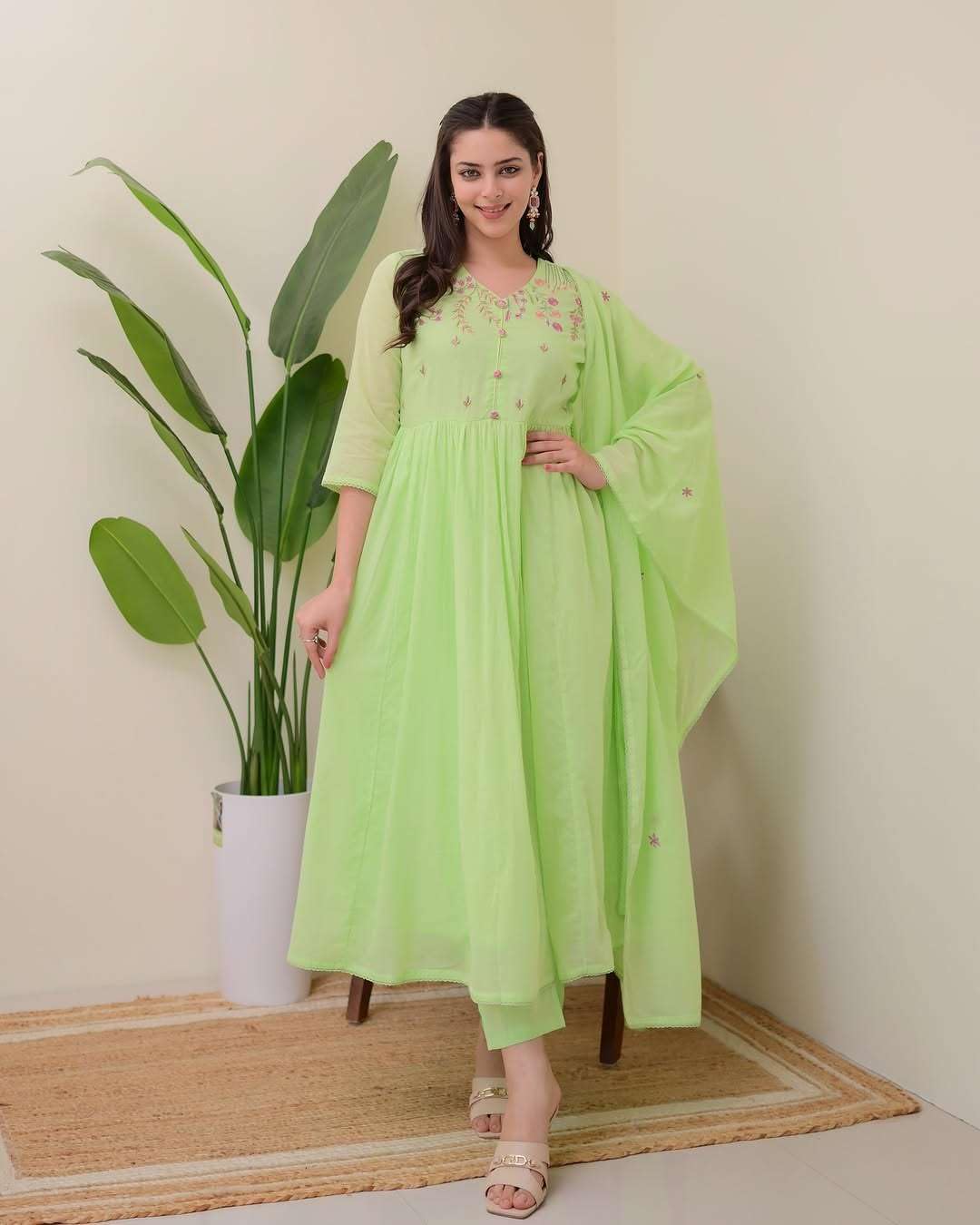 Women's Cotton Embroidered Anarkali Kurti With Pant and Dupatta set