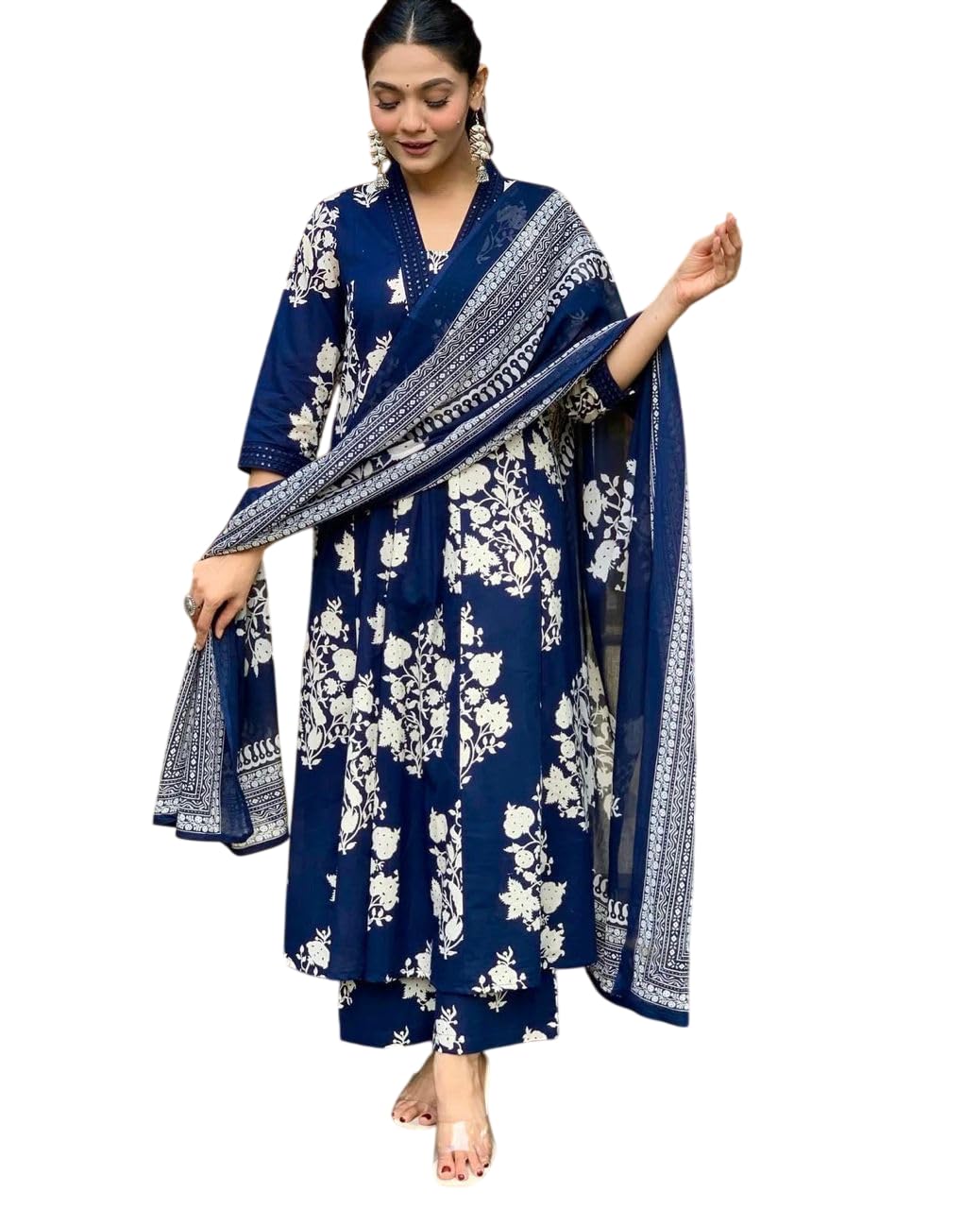 Women's Cotton Jaipur Hand Block Print Anarkali Kurti with Pant and Printed Dupatta Set (Navy Blue)