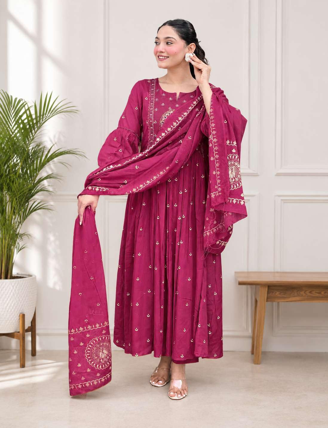 Women's Cotton Embroidered Anarkali Kurti With Malmal Dupatta Set