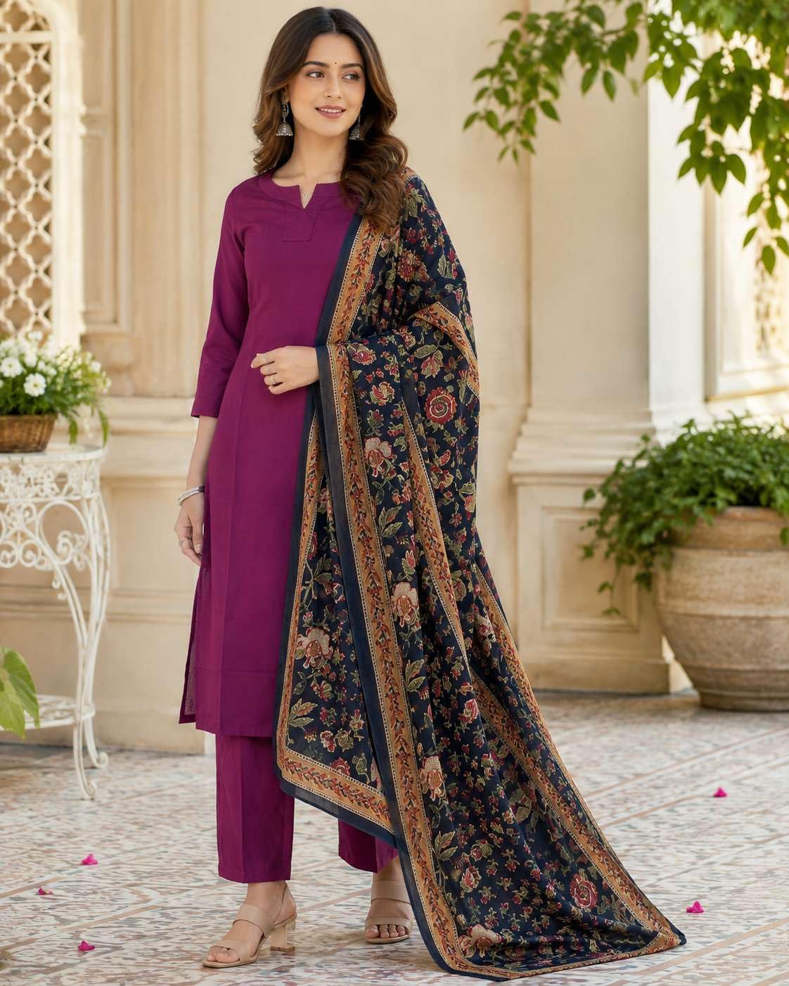 Women's Cotton Solid Straight Kurti With Pant and Dupatta Set