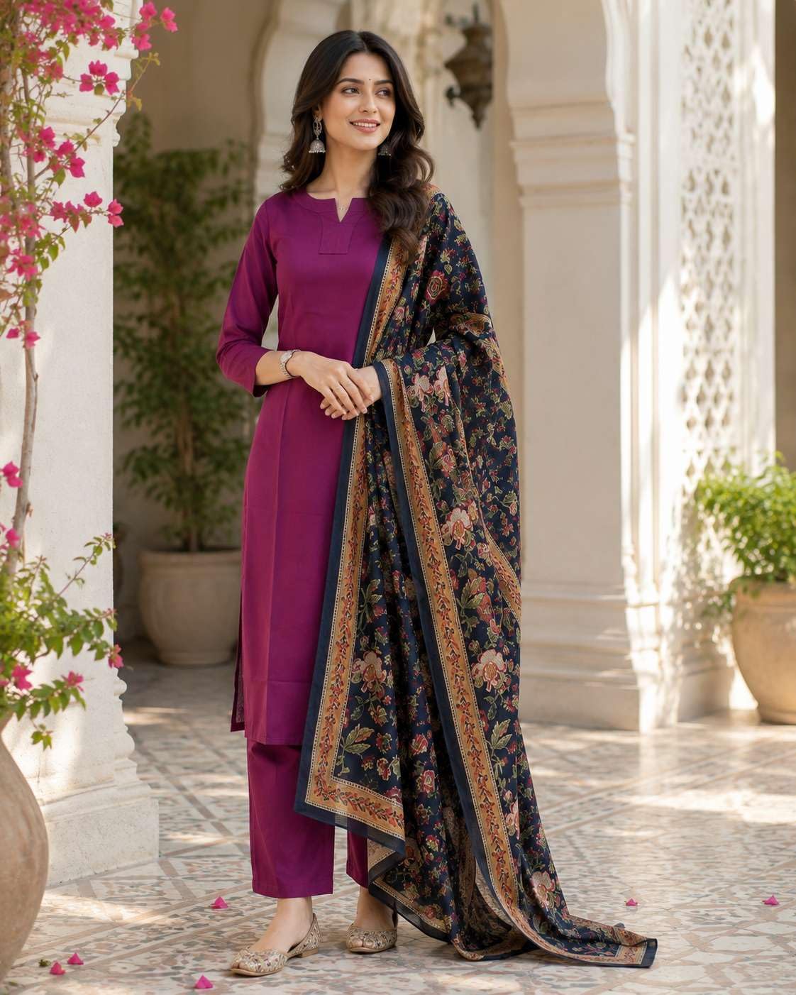 Women's Cotton Solid Straight Kurti With Pant and Dupatta Set