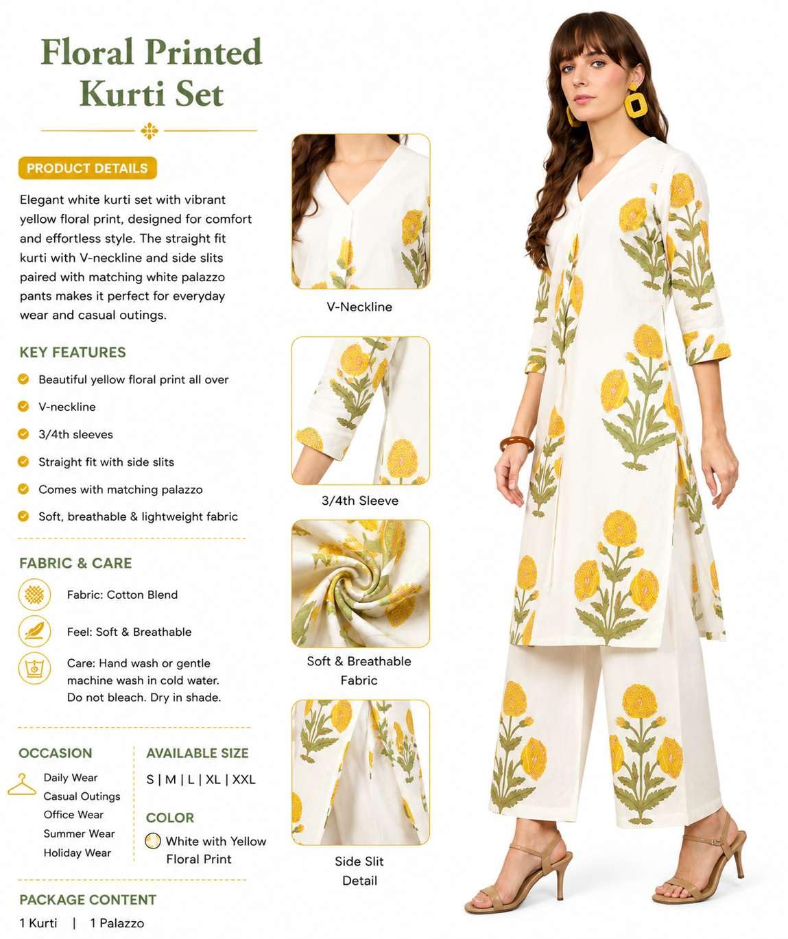 Women's Cotton  Floral Printed Straight  kurti with Pant (Off White)