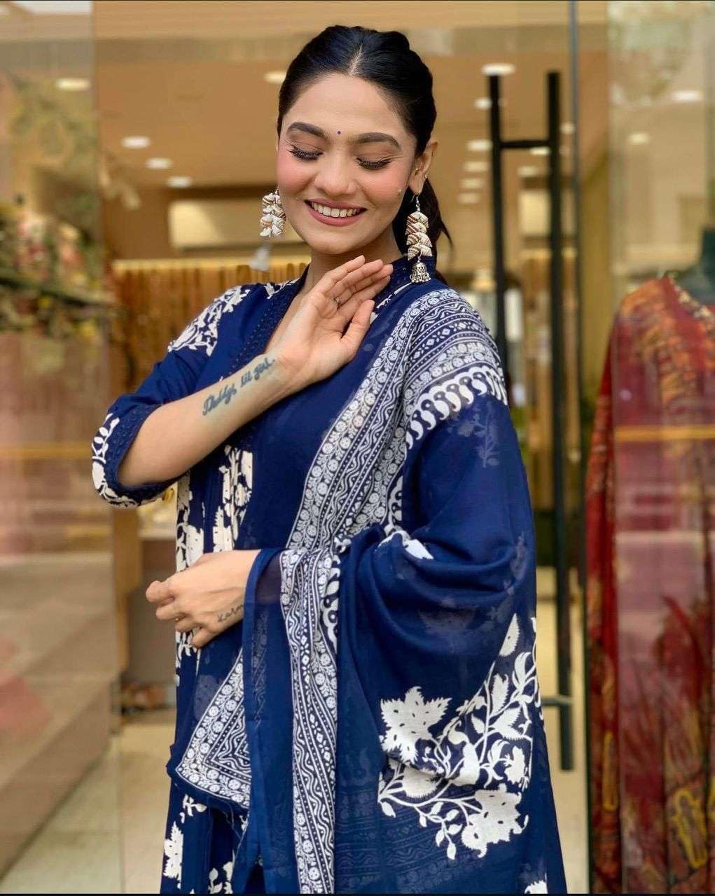 Women's Cotton Jaipur Hand Block Print Anarkali Kurti with Pant and Printed Dupatta Set (Navy Blue)