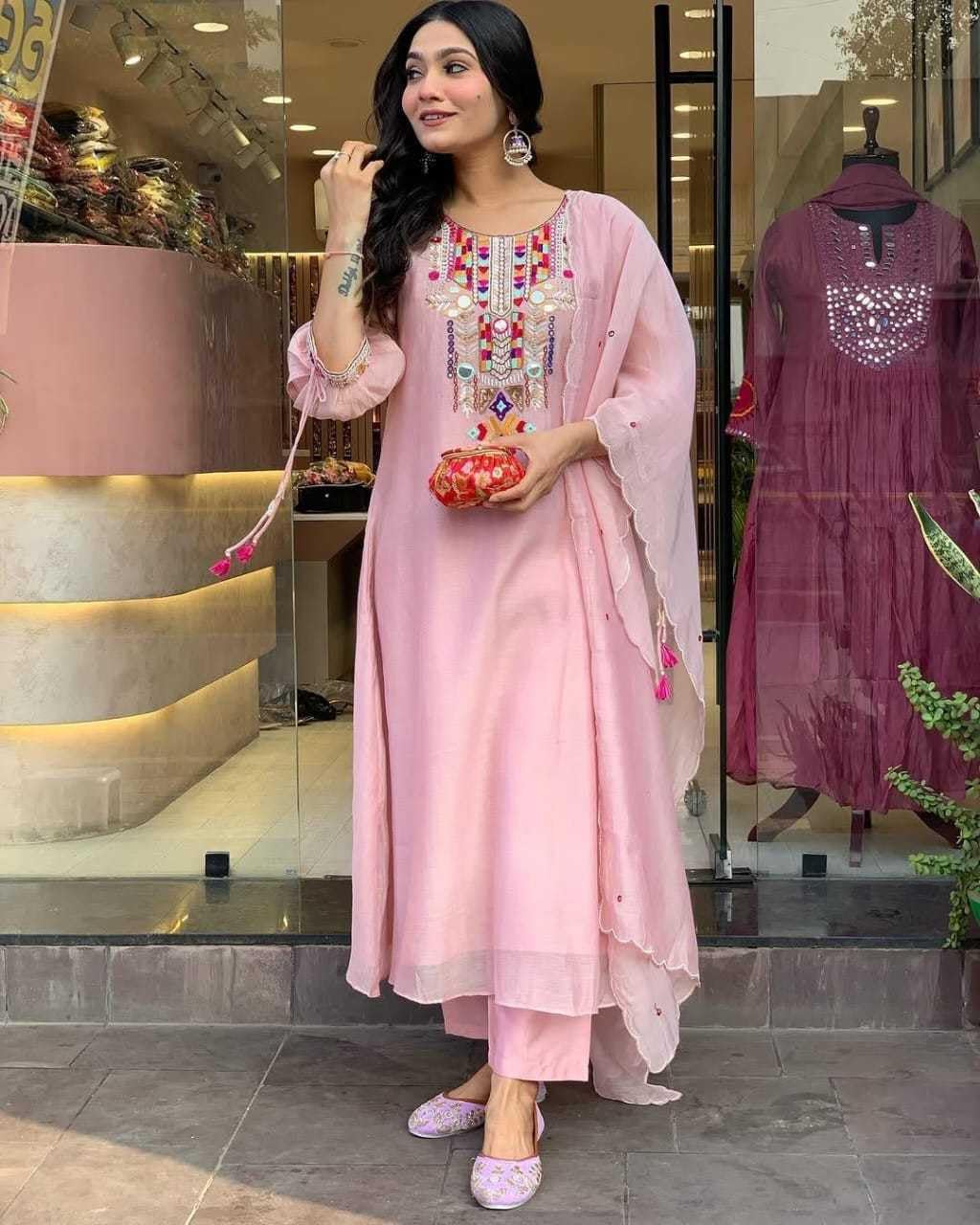 Women's Cotton Mirror Work Embroidered Straight Kurti With Pant and Dupatta Set