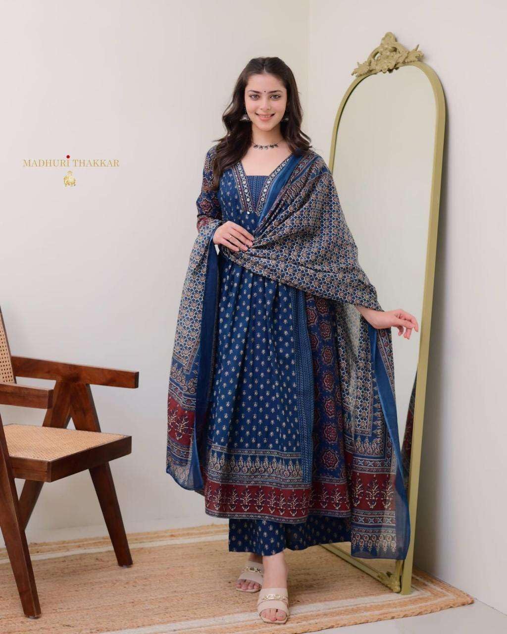 Women's Cotton Printed A Line Premium Kurti with Pant and Dupatta set