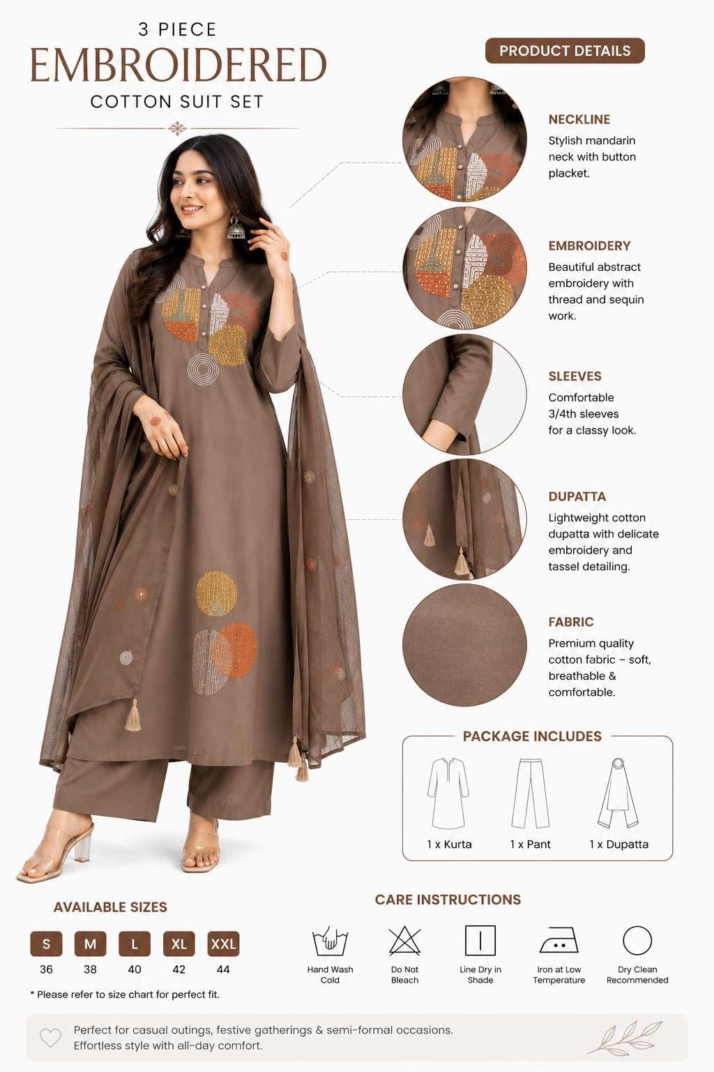 Women's Cotton Embroidery Straight Kurti Pant With Dupatta Set