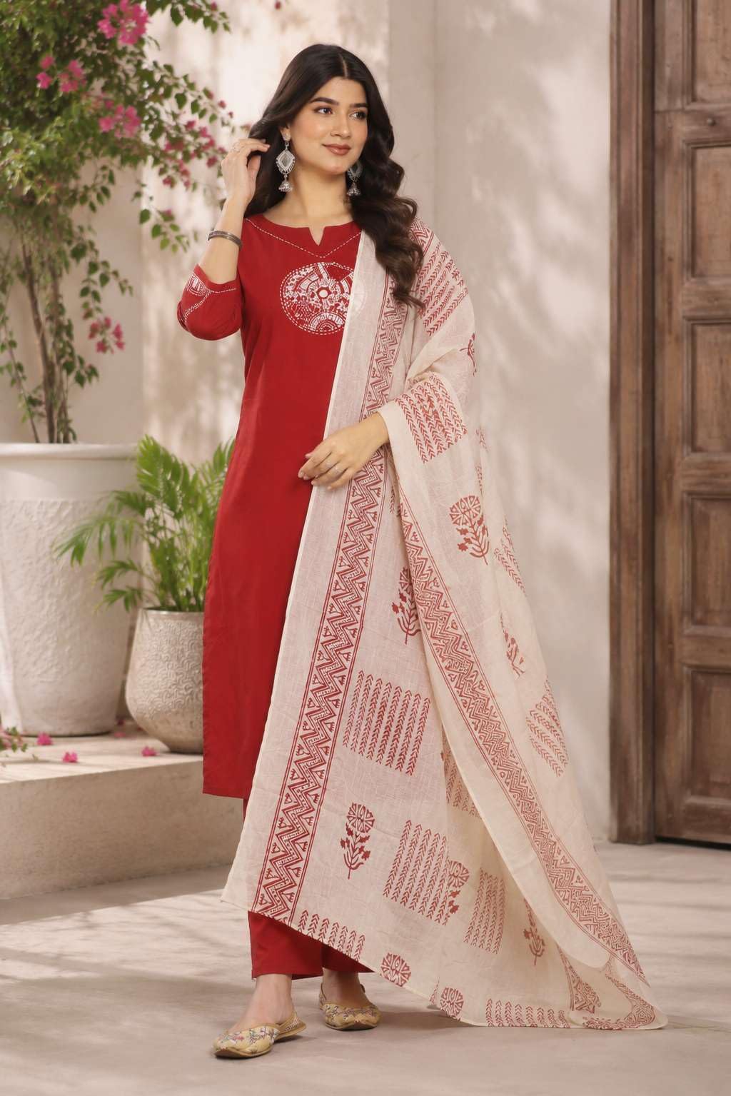 Women's Cotton Embroidery Straight Kurti With Pant Set