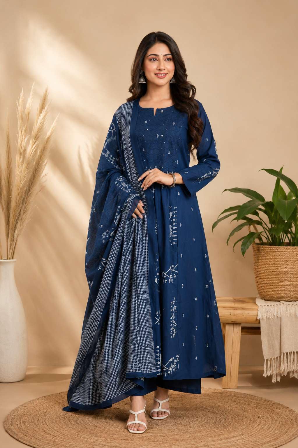 Women's Cotton Embroidered Anarkali Kurti With Pant Set