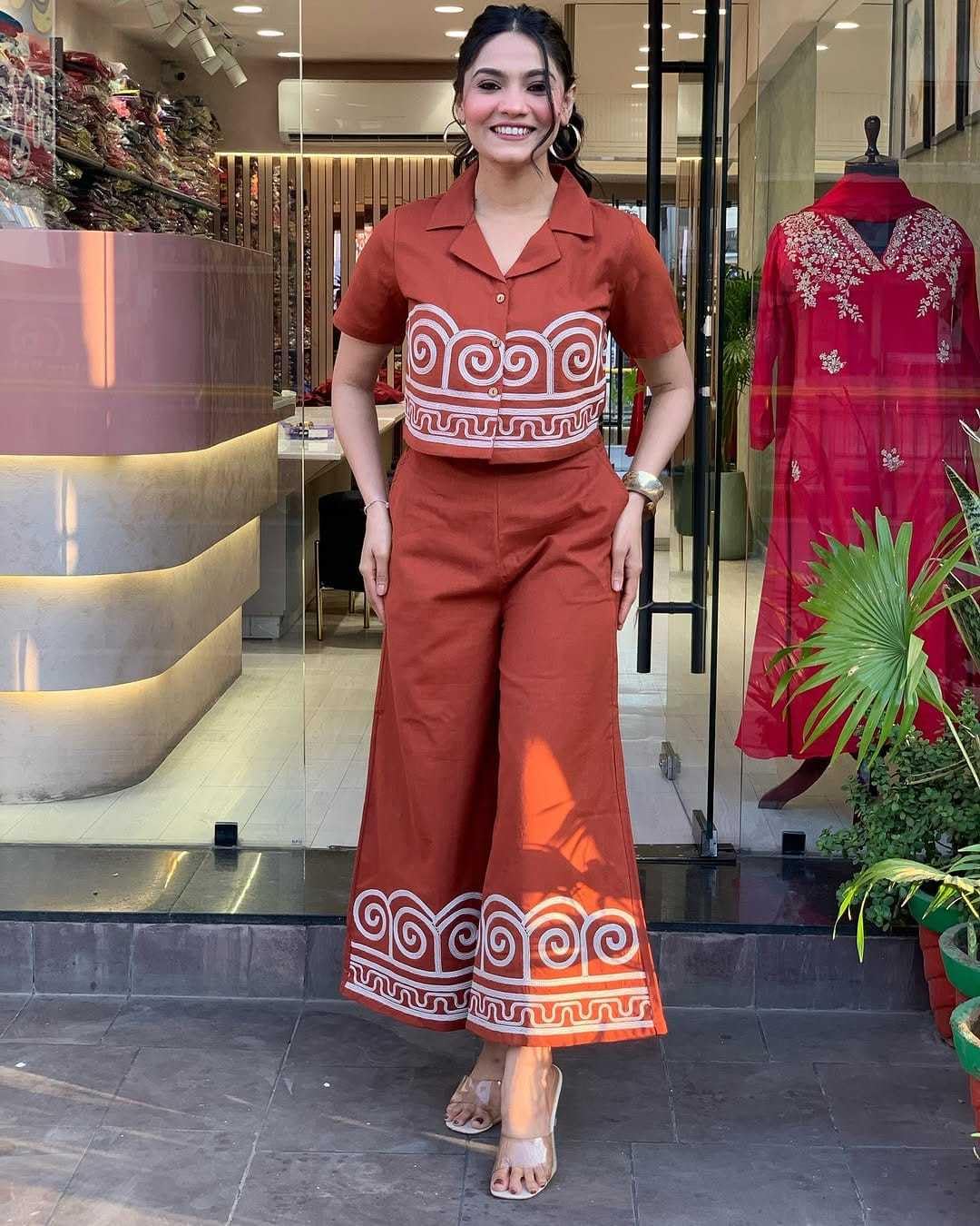 Women's Cotton Embroidered Crop top Co-Ord Set Coordinate Set Summer Wear Printed Crop Top with Pant Set