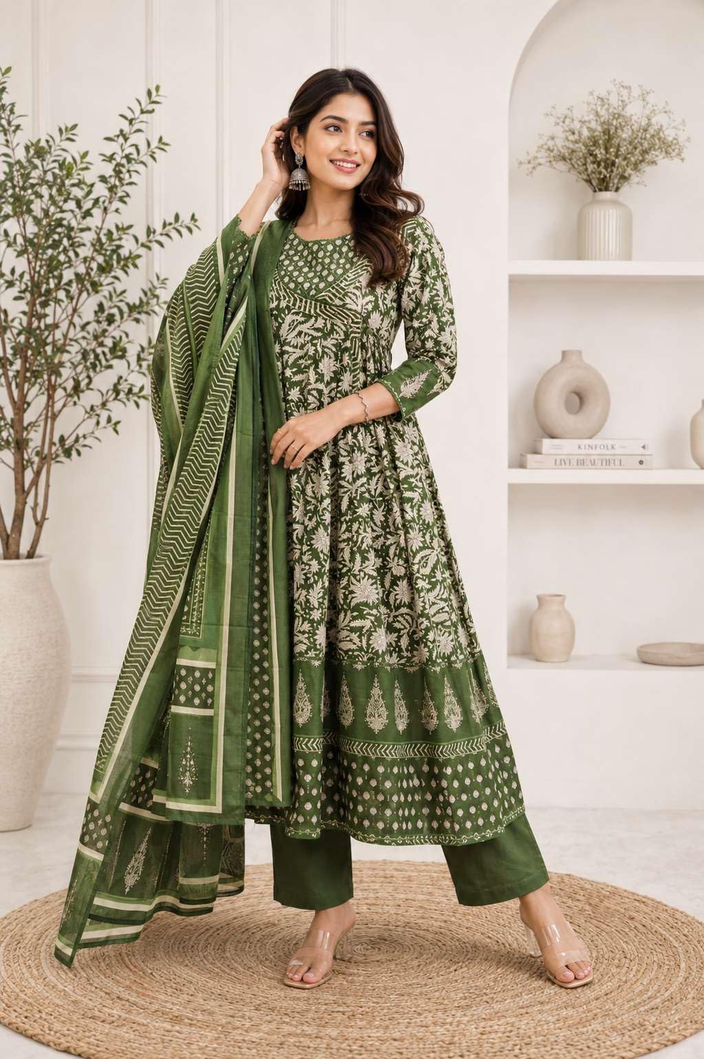 Women's Cotton Floral Printed Anarkali Kurti With Pant and Mulmul Dupatta Set