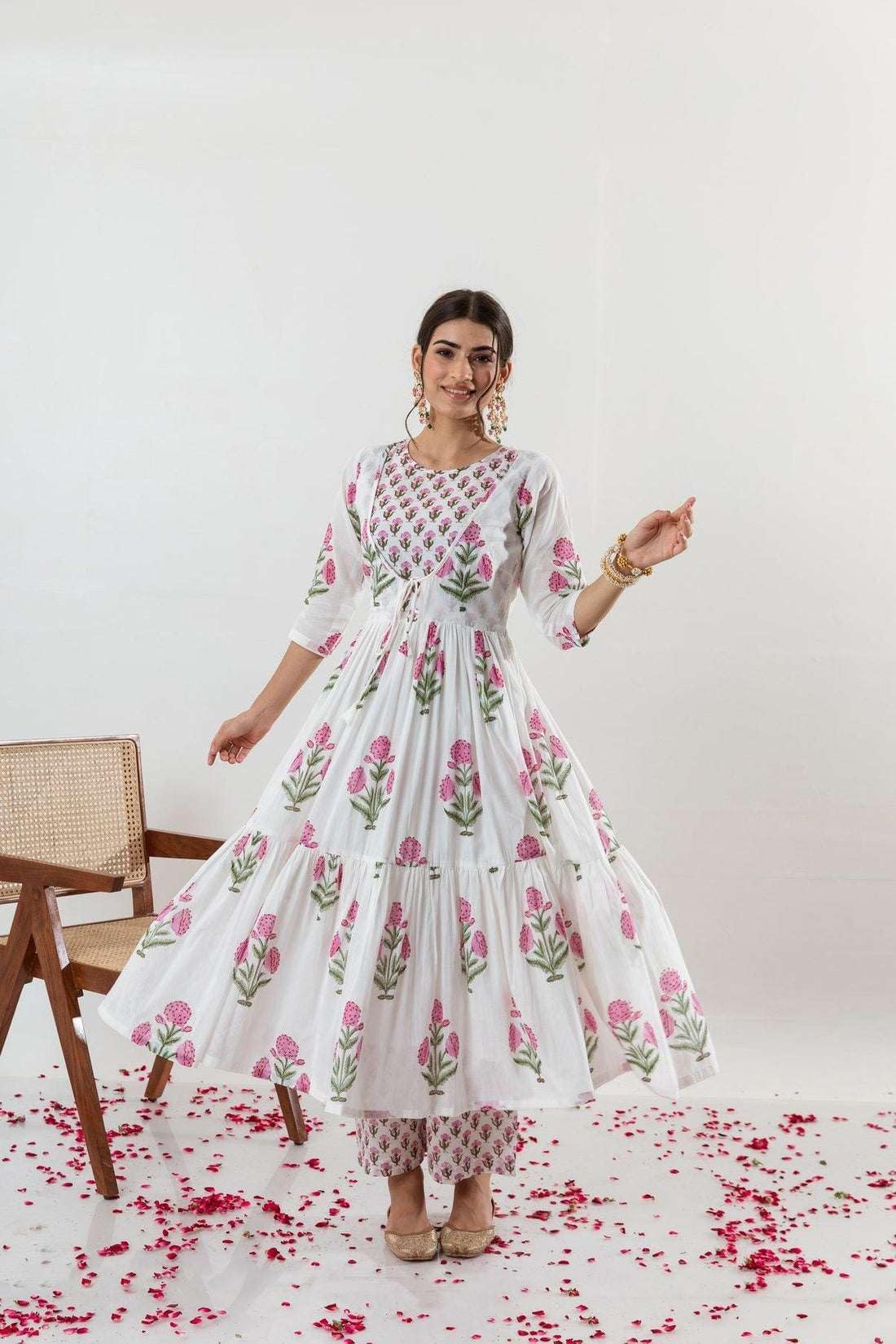 Women's Cotton Floral Printed Long Anarkali Kurti with Pant and Dupatta