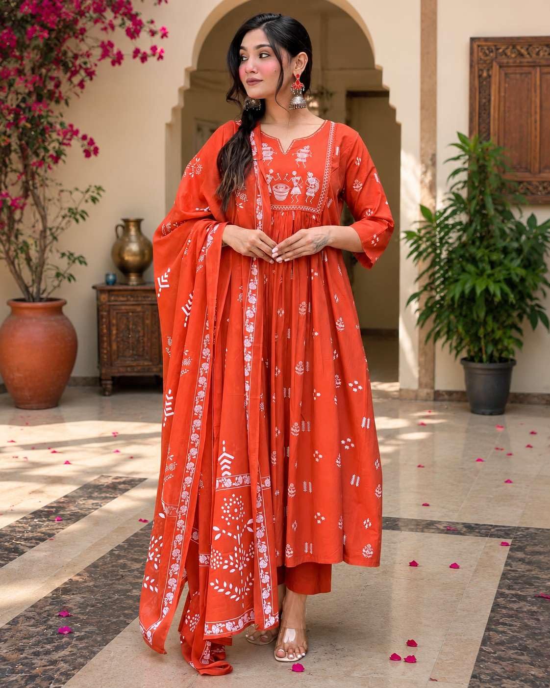 Women's Contton Floral Embroidered Round Neck Regular Kurti Pant Dupatta Set