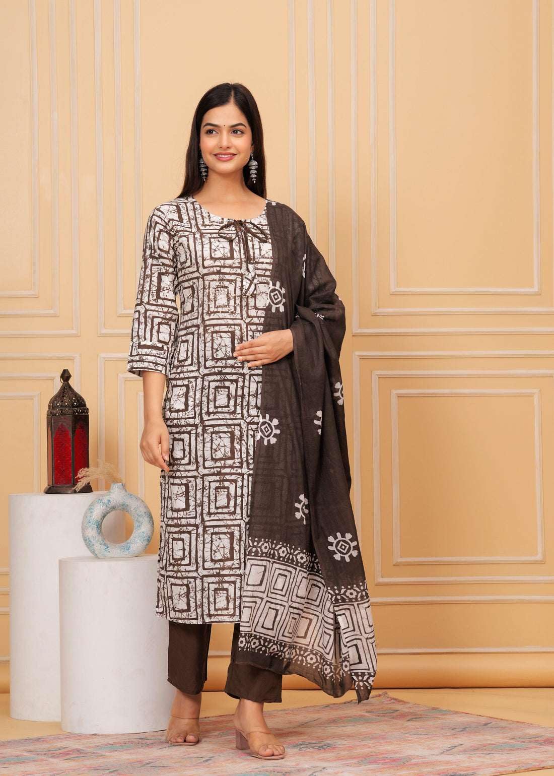 Women's Cotton Hand Block Printed Straight Kurti with Pant and Printed Dupatta