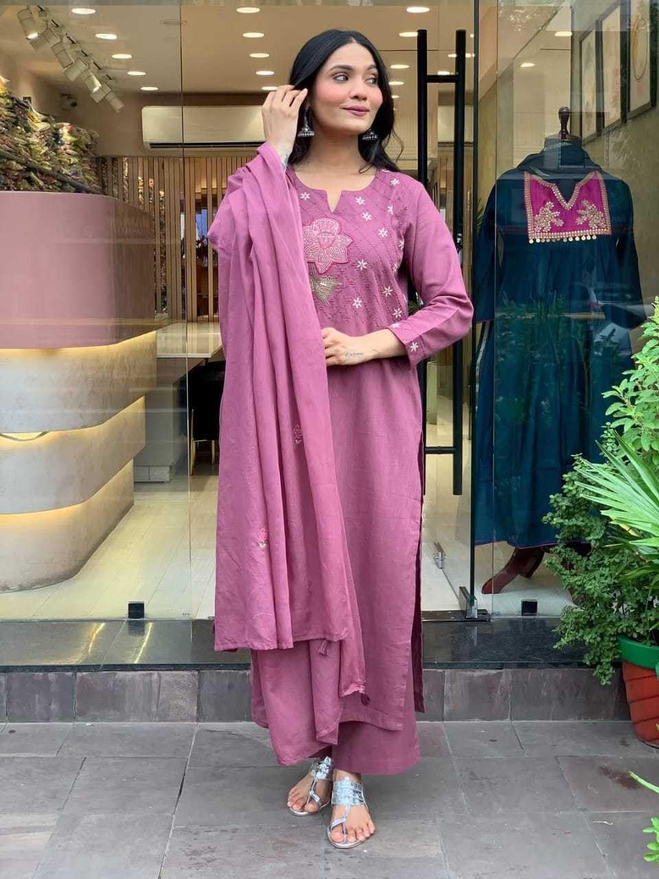 Women's Cotton Floral Printed Straight Kurti With Pant and Dupatta Set (Purple)