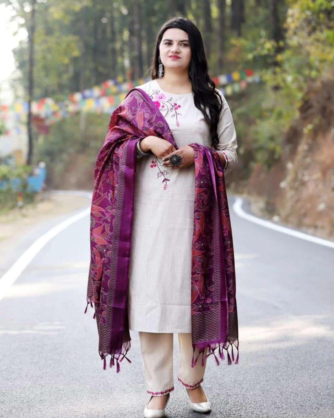Women's Cotton Floral Printed Straight Kurti with Pant and Dupatta Set