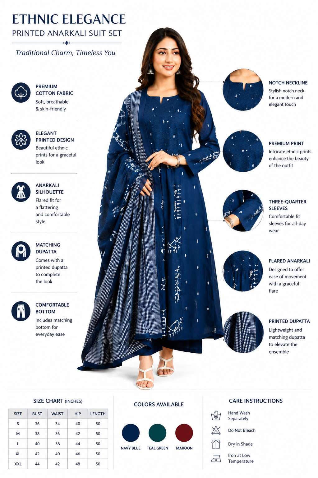 Women's Cotton Embroidered Anarkali Kurti With Pant Set
