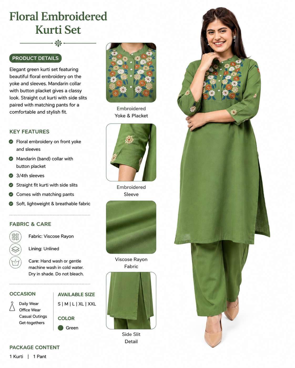Women's Cotton floral Embroidery mandarin collar Straight Kurti With Pant