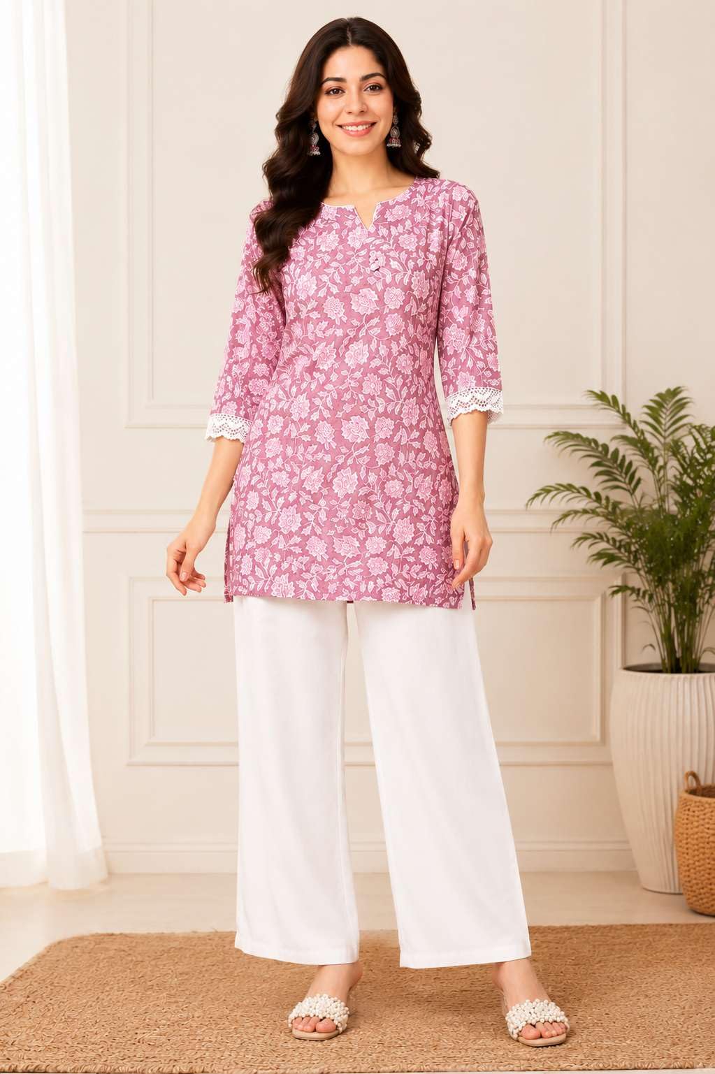 Women's Rayon Floral Printed Straight Short Kurti Set