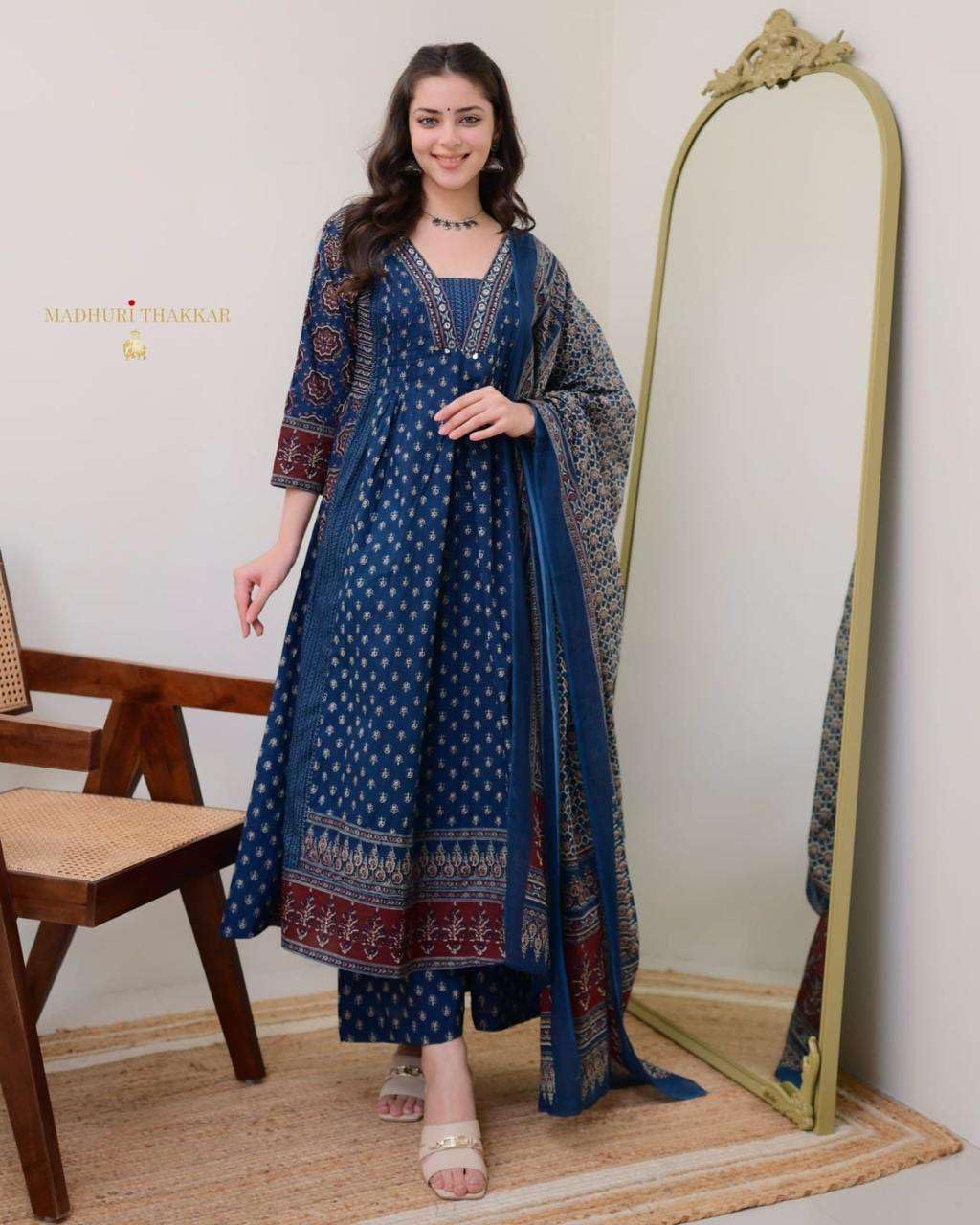 Women's Cotton Printed A Line Premium Kurti with Pant and Dupatta set