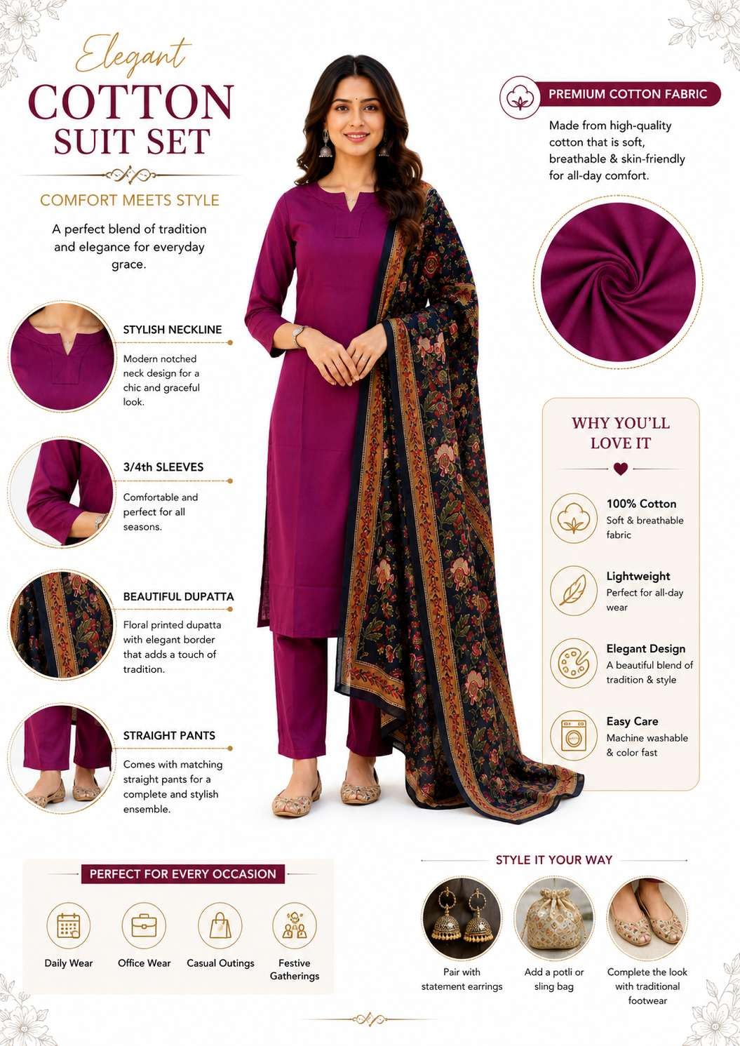 Women's Cotton Solid Straight Kurti With Pant and Dupatta Set