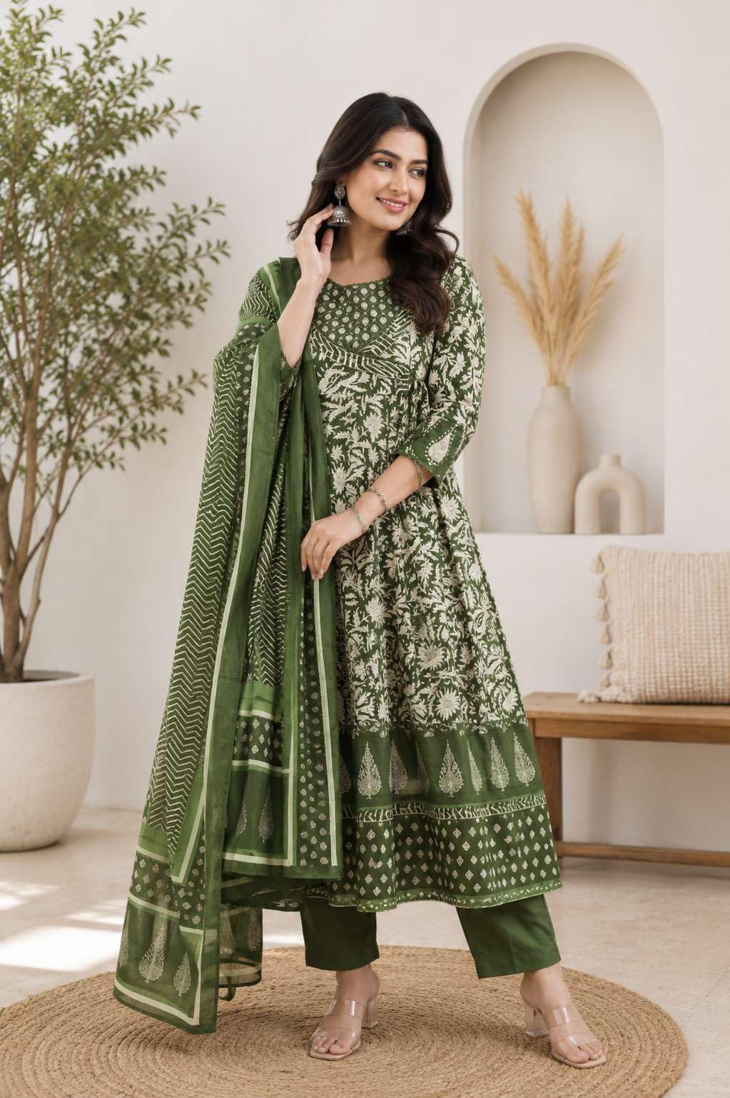 Women's Cotton Floral Printed Anarkali Kurti With Pant and Mulmul Dupatta Set