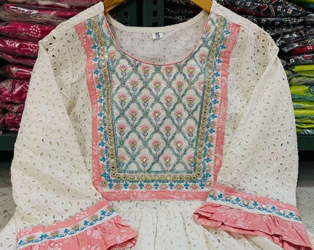 Women's Cotton Embroidered Nayra Cut Kurti With Pant and Dupatta Set