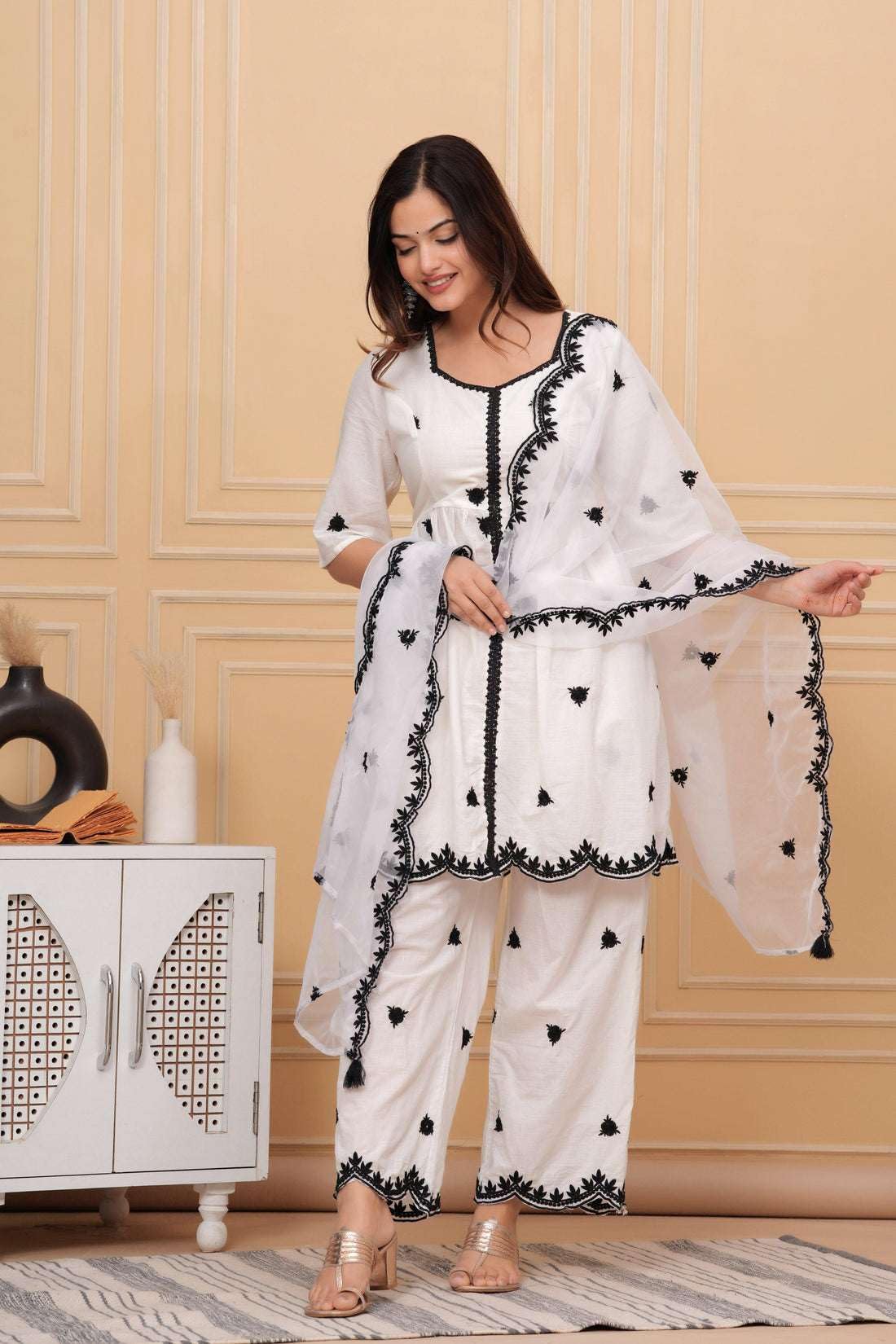 Women's Cotton Embroidery Work Straight Kurti with pant and Dupatta Set