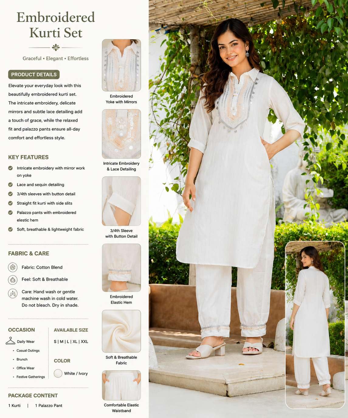Women's Cotton Embroidered mirror Work kurti while the relaxed fit and palAMzo Pant (White)