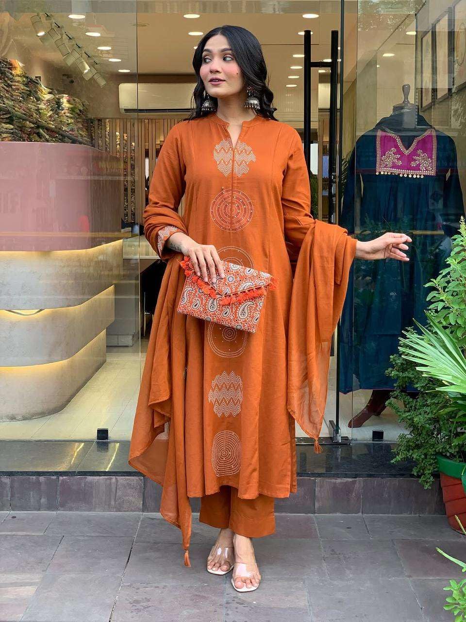 Women's Cotton Embroidered Straight Kurti With Pant And Dupatta Set
