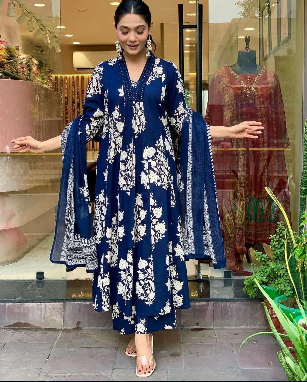 Women's Cotton Jaipur Hand Block Print Anarkali Kurti with Pant and Printed Dupatta Set (Navy Blue)