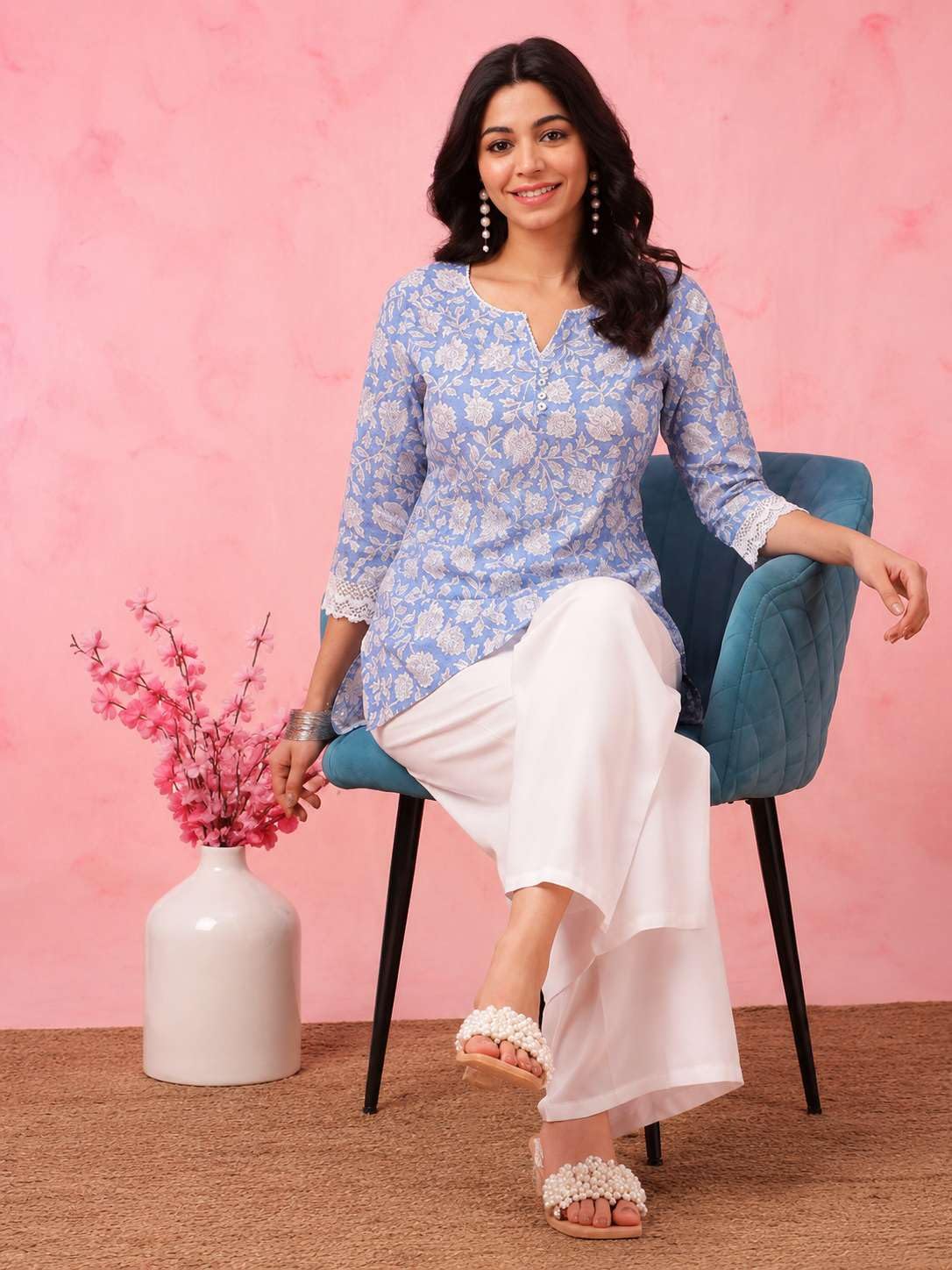 Women's Rayon Floral Printed Straight Short Kurti Set