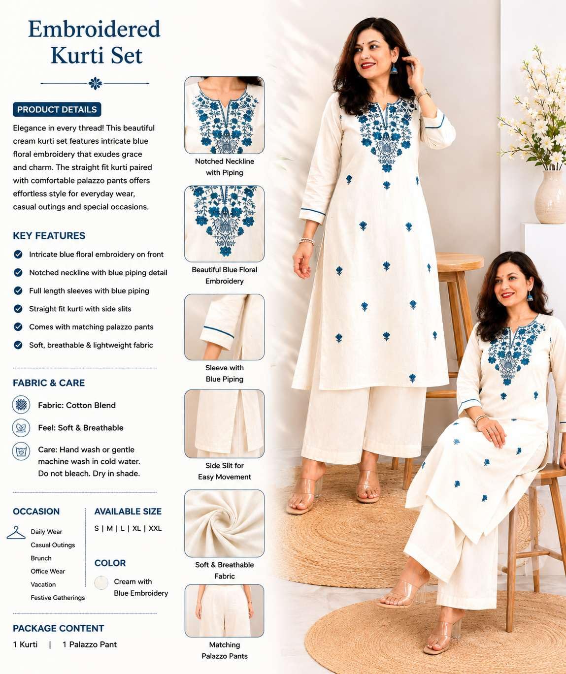 Women's Cotton Floral Embroidered  Straight Kurti With Pant -UG-11