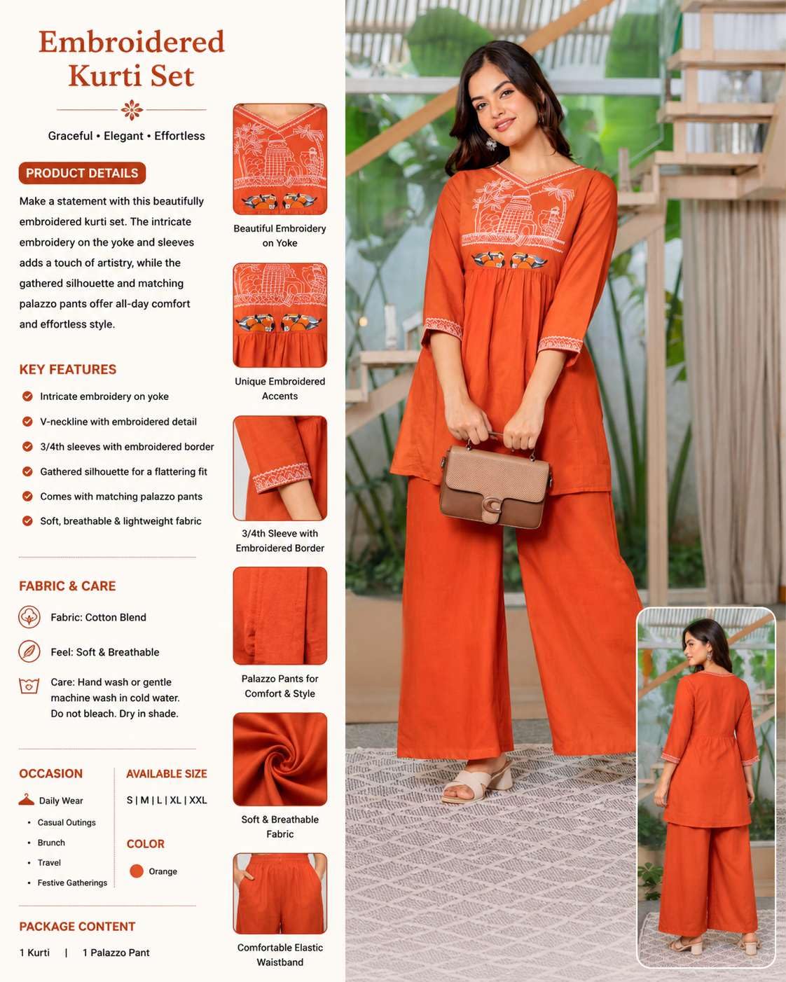 Women's Cotton Embroidered Short Anarkali Kurti With Pant (Orange)