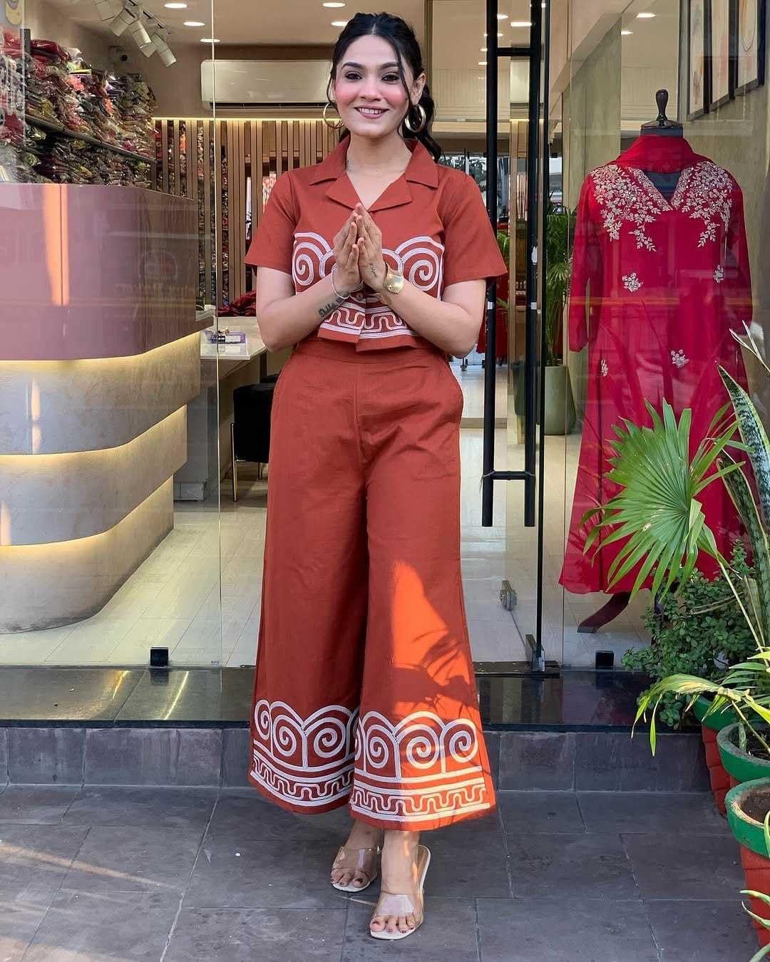 Women's Cotton Embroidered Crop top Co-Ord Set Coordinate Set Summer Wear Printed Crop Top with Pant Set