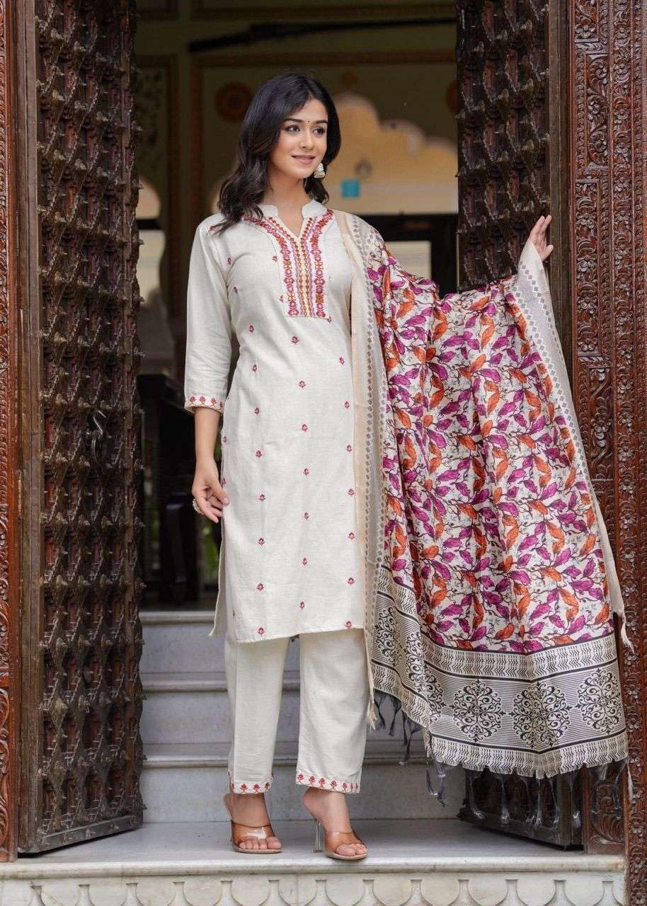 Women's Cotton Embroidered Straight Kurti With Pant and Dupatta Set