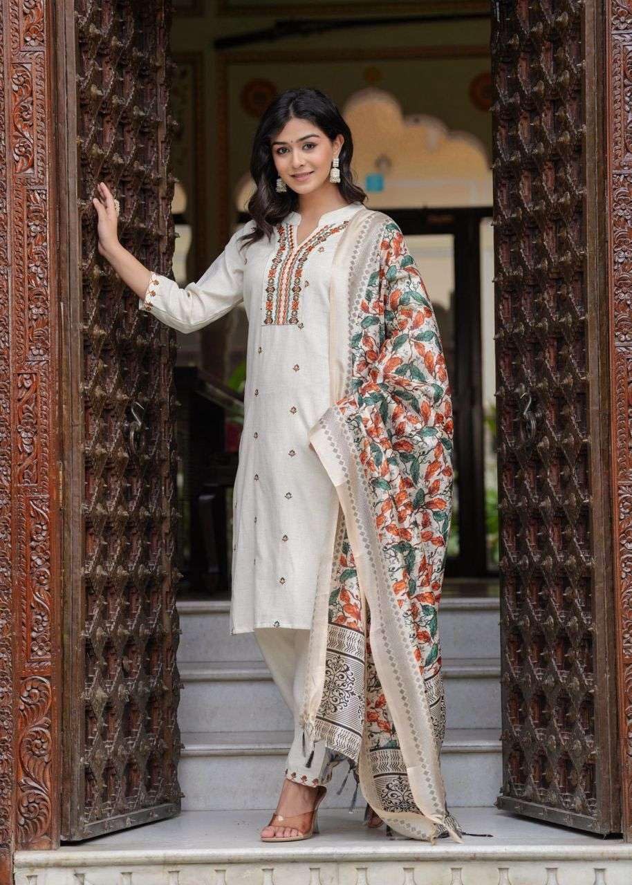 Women's Cotton Embroidered Straight Kurti With Pant and Dupatta Set