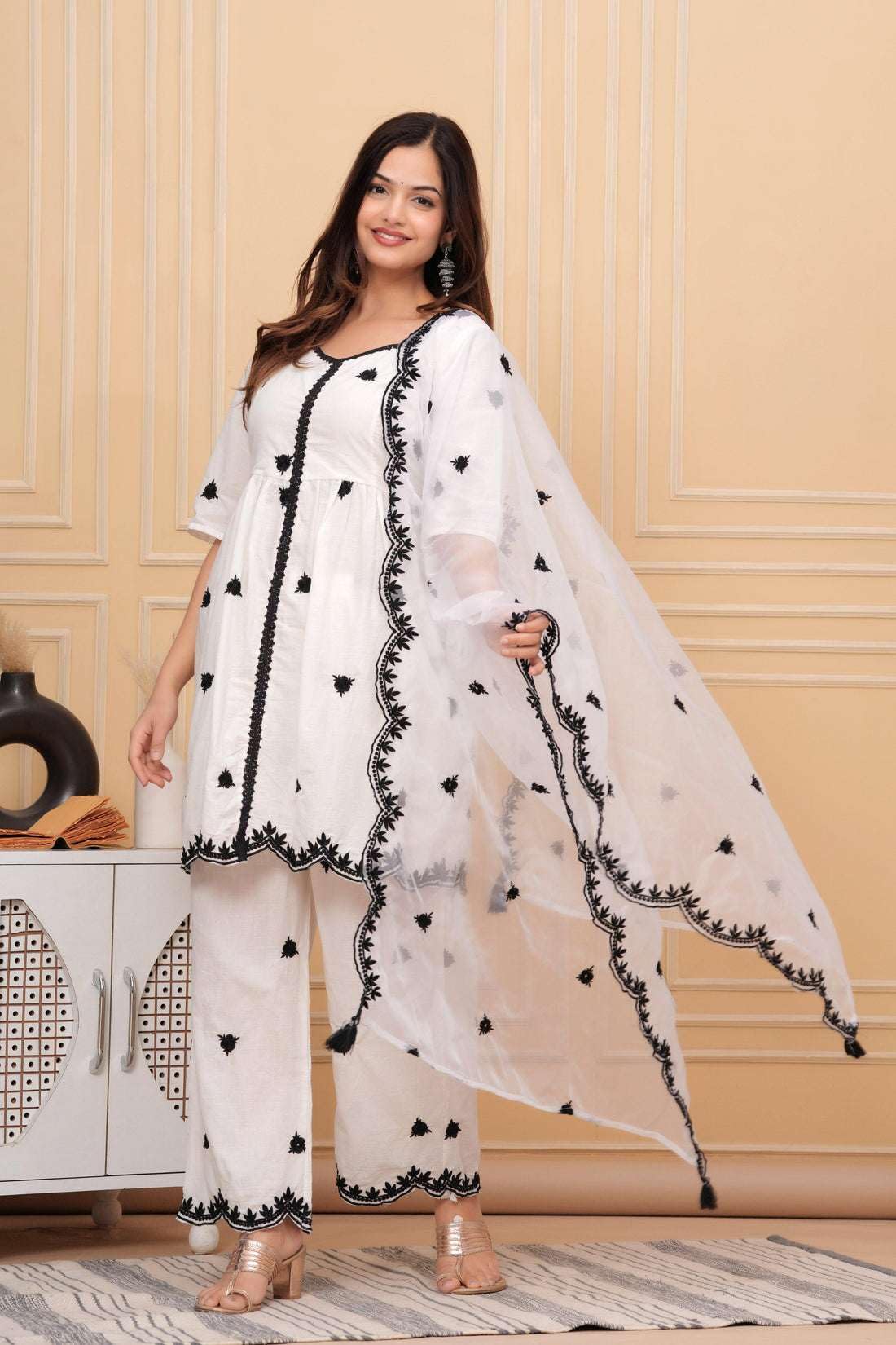 Women's Cotton Embroidery Work Straight Kurti with pant and Dupatta Set